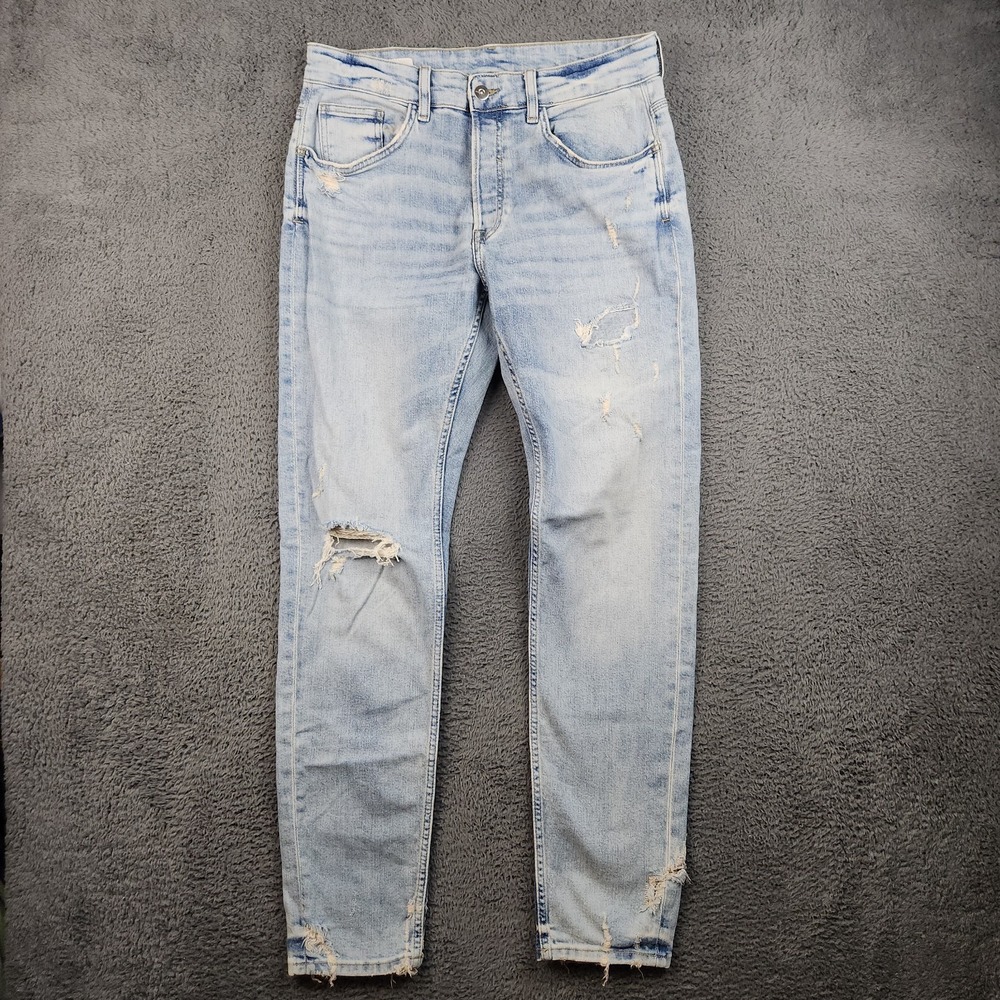 ZARA Slim Fit Light Wash Blue Denim Tapered Jeans Mens 34x31 Button Fly Low Rise